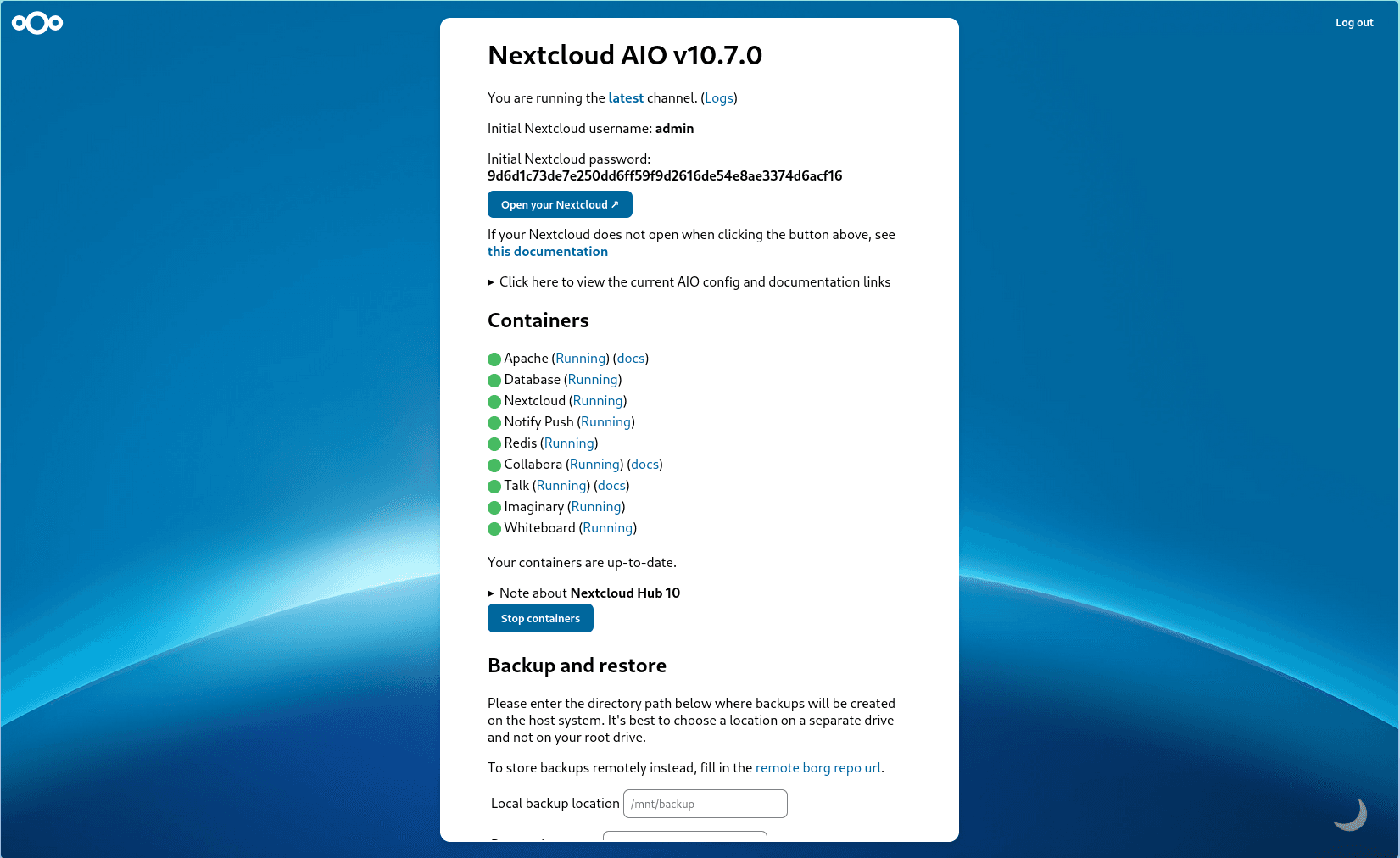 Nextcloud AIO dashboard.png